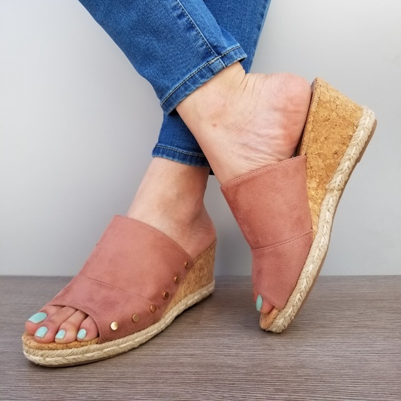 Suede Slip On Cork and Espadrille Wedge Sandal-D - Picture 2 of 6